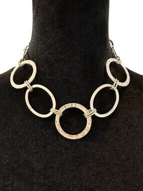 Silver-Tone Linked Circle Statement Necklace Adjustable Length 17-19 Inch